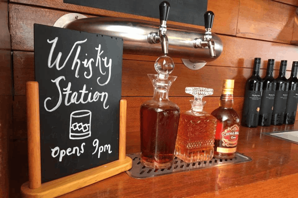 Whisky station of with different kinds of beverage in the mobile bar of The Bedford Bar.