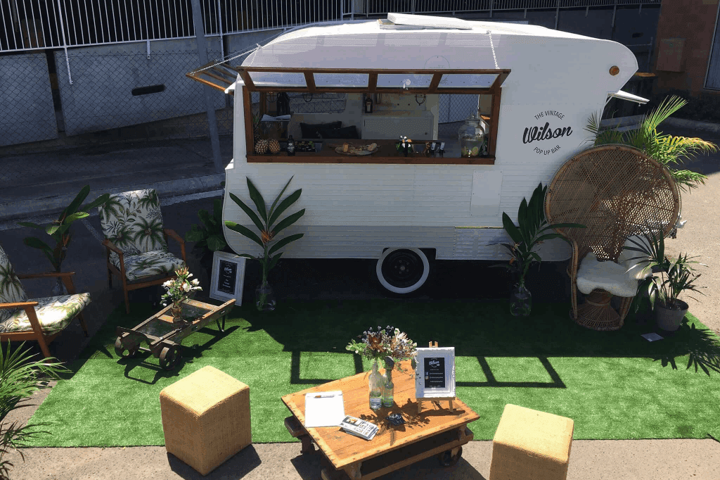 The mobile bar of Wilson Vintage Pop Up Bar catering an event located in Sunshine Coast.